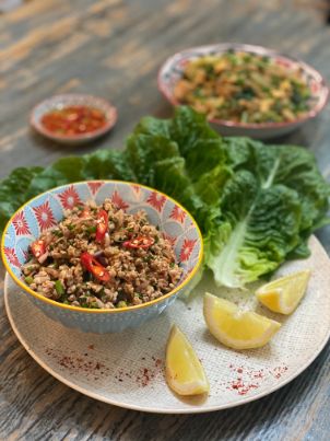 Thai minced pork salad with lettuce cups recipe