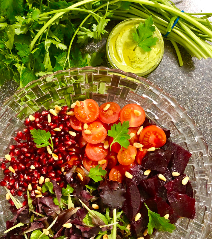 Roast Beetroot and Pomegranate Salad with Parsley-Tahini