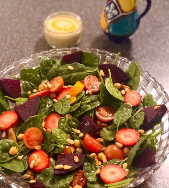 Spinach, Beet and Strawberry Salad with Lemon-Tahini Dressing
